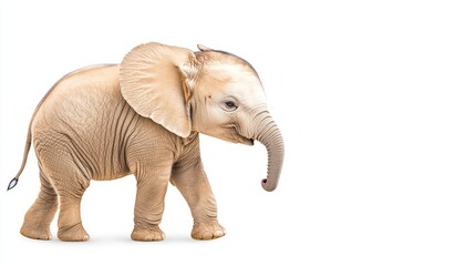 Fototapeta premium Adorable baby elephant walking against a white background. The elephant is light beige with darker speckles, its trunk slightly raised. The image is clean, bright, and simple.