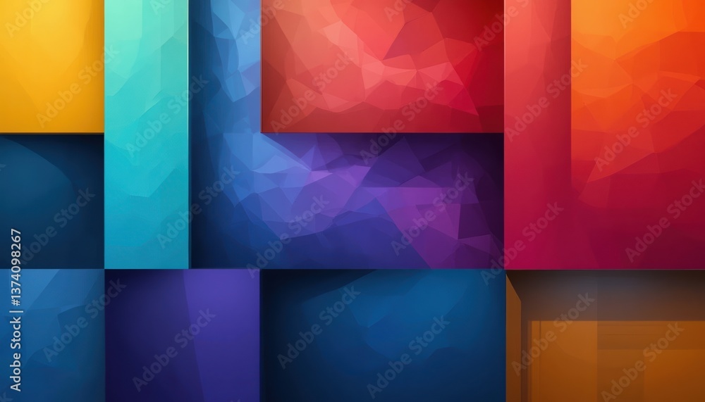 Poster dynamic geometric color blocks abstract design digital art vibrant studio environment aerial view mo