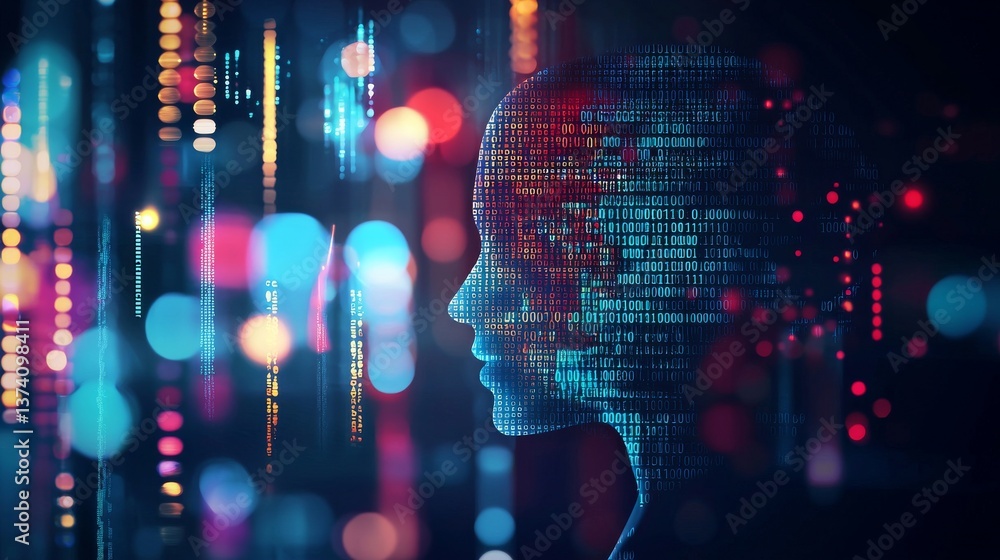 Poster the computer-generated face, situated on a blue background, is encompassed by a vast array of lines 