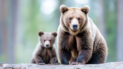 Obraz premium Brown bear and cub in a forest setting. The adult bear is standing, while the cub is seated. The background is blurred but shows a soft green forest.