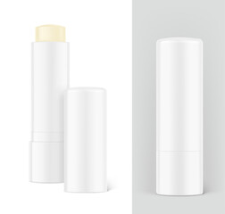 Lip balm care mockup. Front view. Realistic vector illustration isolated on white and grey background. Can be use for your design, advertising, promo and etc. EPS10.