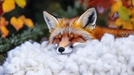 Fototapeta premium Red Fox Relaxing Amidst Soft White Snowy Blanket and Colorful Autumn Leaves