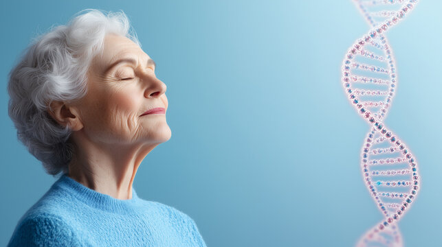 Profile view of a calm elderly woman meditating, with eyes closed and a content smile, the pastel background merging seamlessly with a delicate DNA helix, illustrating the intersec