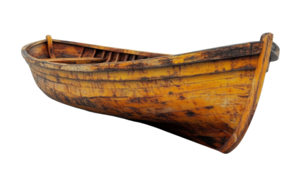 Aged Wooden Boat: A rustic wooden boat sits isolated, its weathered texture telling tales of journeys taken on the water, the boat’s craftsmanship evident in every detail.