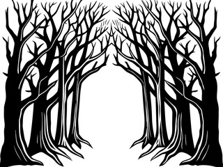 Obraz premium A twisted forest with eerie trees in a haunting svg vector. Majestic Silhouette of Leafless Trees in Black and White Design