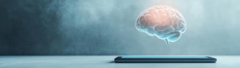 A floating brain hologram above a digital tablet, symbolizing advanced technology and innovation in cognitive science.