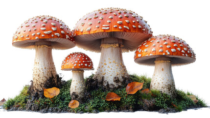 Enchanting Mushroom Cluster: A cluster of vibrant red-capped mushrooms with white speckles thrives amidst a bed of lush green moss and fallen leaves, a miniature ecosystem brimming with life.