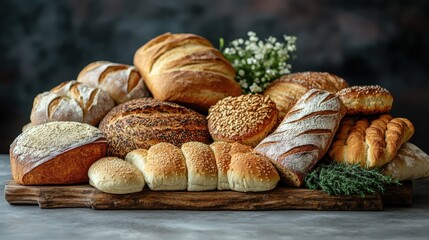 A Delicious Assortment of Freshly Baked Breads and Rolls on Rustic Wooden Board
