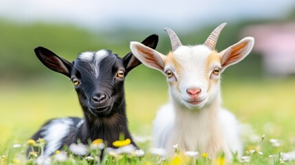 Obraz premium Two young goats, one black and white, the other cream colored, lie together in a field of daisies. Soft sunlight illuminates the scene.