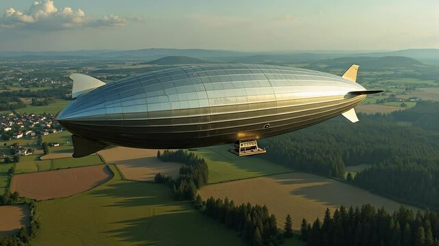 Aerial view of a zeppelin flying above land.