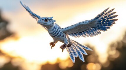Obraz premium White fantasy creature with blue patterns, wings outstretched, flying against a warm sunset background. Soft light illuminates the creature's details.