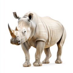 Obraz premium A large white rhinoceros stands against a stark white background. The rhino's skin is textured, and its features are sharply defined. The image is clean and focuses on the animal itself.