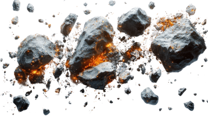 Celestial Fragmentation: Dynamic view of asteroids breaking apart, glowing and floating amidst a vast, abstract cosmos.
