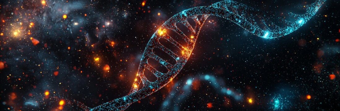 A futuristic depiction of DNA as an abstract double helix with glowing particles set against a dark background, created by Roxie and available as a stock photo, featuring an Stock smooth render in
