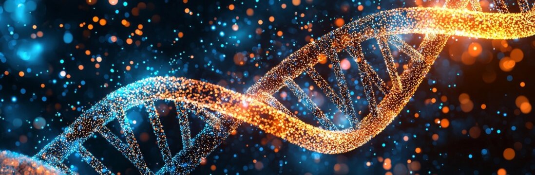 Roxie's stock photo features a futuristic abstract double helix of DNA, with glowing particles on a dark background, in turquoise, utilizing AI for a smooth render