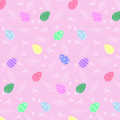 Easter pattern with pastel colored eggs and white flowers on a pink background