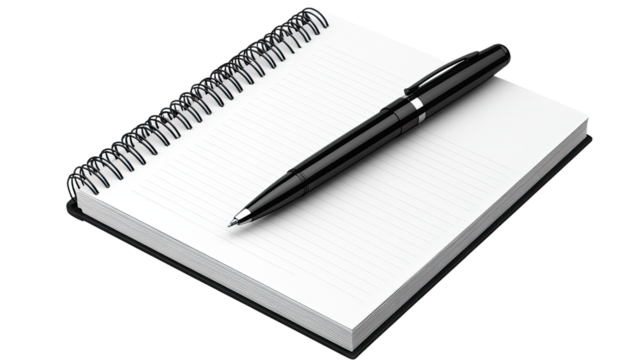 Ready to Write: A sophisticated pen rests gracefully atop a pristine, spiral-bound notebook, inviting creative expression, organization, and thoughtful contemplation.