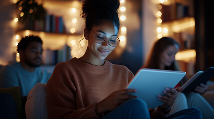 A diverse group of adult students sitting together in a study space, each using a tablet for remote learning, digital literacy courses displayed on their screens, soft background l