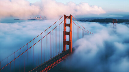 Fototapeta premium Aerial view of Golden Gate Bridge covered in thick fog with the end of the bridge disappearing in the white clouds, Ai generated images