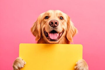 Ð¡ute dog golden retriever hold in front paws a layout - large yellow alley sign. Street sign dog. Fluffy pet sign holder. Puppy in signage. Isolated doggy on a solid apparel pink background.