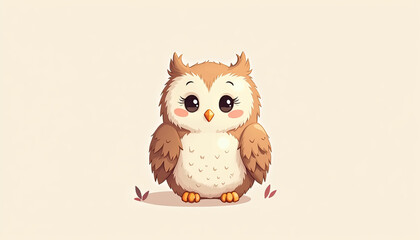 Cute wide-eyed baby owl cartoon on soft neutral background