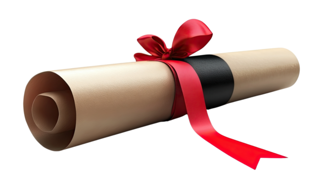 Diploma's Delicate Embrace: A rolled-up diploma is artfully secured with a vibrant red ribbon and a black band, symbolizing education, accomplishment, and a significant achievement.