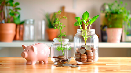 Pink piggy bank next to coin jars with sprouting plants. A visual concept of savings and financial growth in a natural and warm environment.