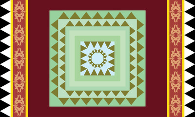 Obraz premium Black and white triangle border carpet pattern has a pattern arranged in a row and in the middle of the green there are beautiful triangles and rhombus. Fabric patterns, vectors, red background