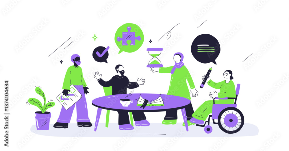 Aufkleber diversity and inclusion in the workplace depicted with diverse characters collaborating around a tab