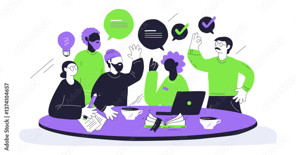 Poster diversity and inclusion are shown through diverse characters collaborating around a table with speec