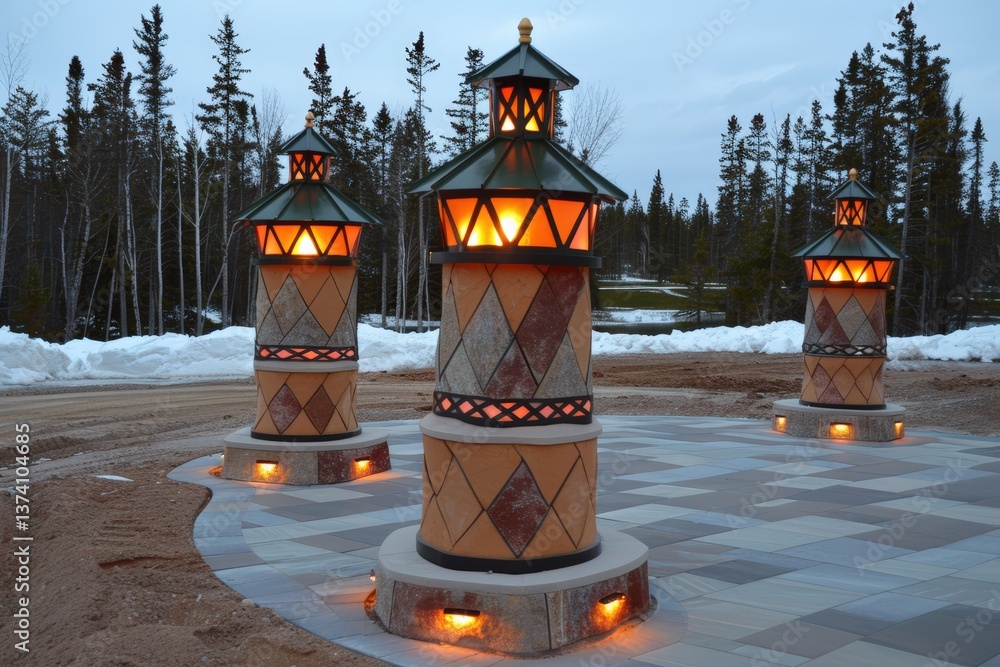 Poster elegant lanterns illuminate a pathway surrounded by snow and trees, creating a serene and inviting a