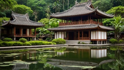 Fototapeta premium Unique building surrounded by lush greenery and natural elements creating a serene spiritual environment