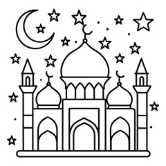 Black and White Mosque With Crescent Moon and Stars for Coloring