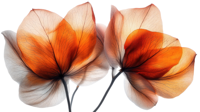 Radiant Petals in Sunlight: Two exquisite flowers display their translucent petals, showcasing their vibrant orange hues, kissed by light and a dance of delicate shadows.