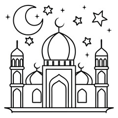 Black and White Mosque With Crescent Moon and Stars for Coloring