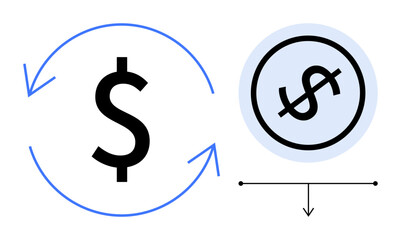 Dollar sign surrounded by circular arrows and balanced symbol on a line. Ideal for finance, business flow, sustainability, economy, investment, balance, and transaction. Flat simple metaphor