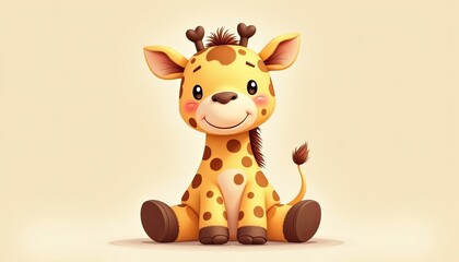 Smiling cartoon baby giraffe with spots on pastel backdrop
