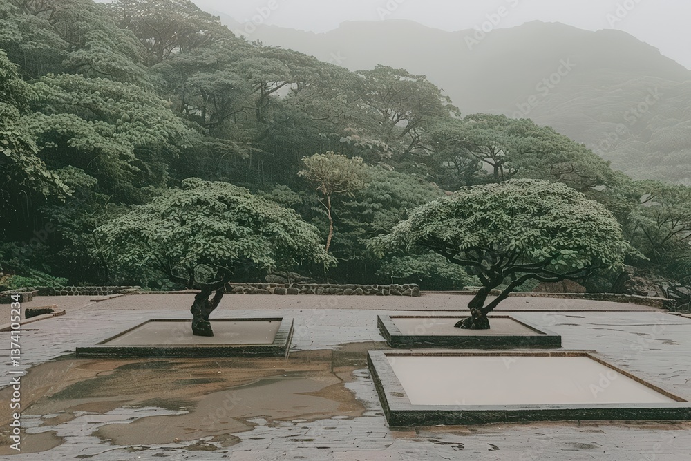Poster a serene landscape featuring two distinct trees amidst lush greenery and mist, creating a tranquil a