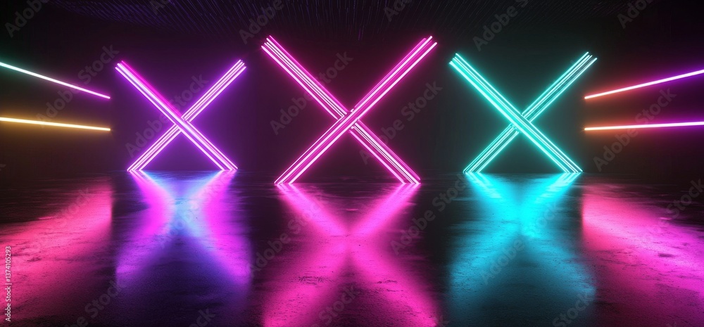 Poster a 3d rendering depicts an empty space with a concrete floor room illuminated by futuristic sci-fi bl