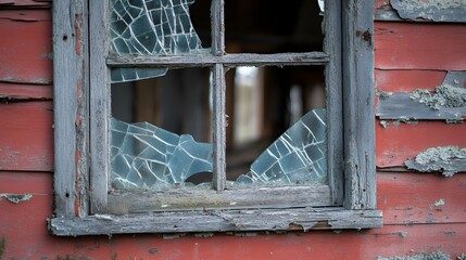 Detailed close-up of a shattered window in a deserted building revealing urban decay and abandonment