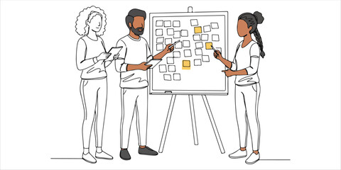 people standing near a board with sticky notes and discussing an idea continuous single line art drawing sketch on white background