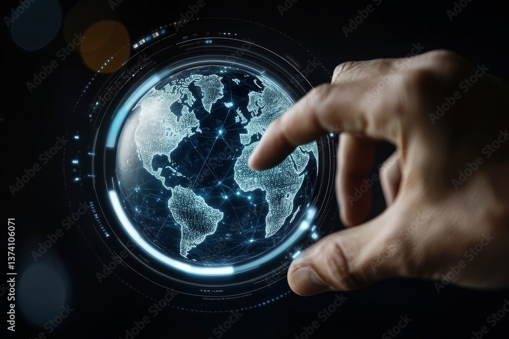 Poster the concept of a global network connection surrounding a digital globe, incorporating the internet o