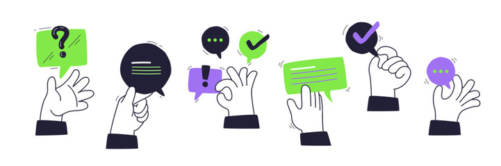 Communication through hands and speech bubbles with icons like checkmarks and question marks, transparent background.