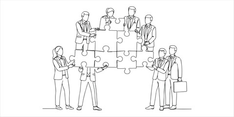 people in business suits putting together pieces of a puzzle continuous single line art drawing sketch on white background