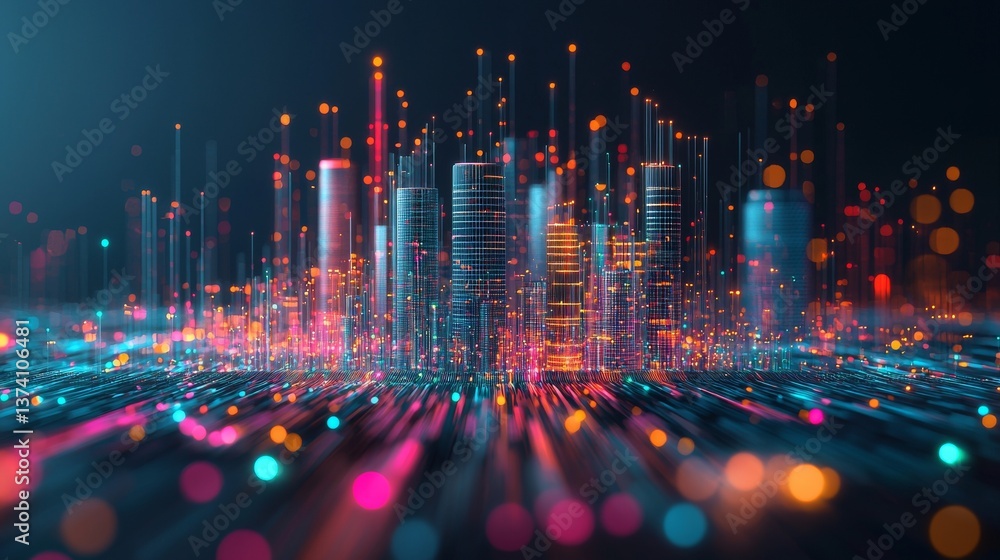 Poster a futuristic cityscape is depicted in a 3d abstract hologram, complete with a matrix and digital sky
