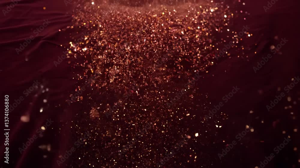 Poster a red background with a lot of glitter. the glitter is falling from the top of the image