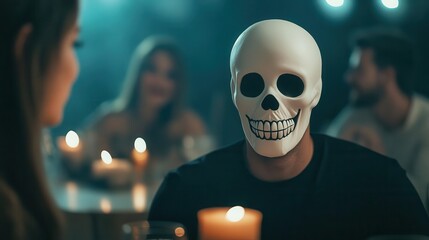 A masked man in a stylish setting, enjoying a dinner with friends, evoking a fun, spooky atmosphere perfect for Halloween.