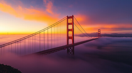 Fototapeta premium Golden Gate Bridge at sunrise, thick fog covers the base of the bridge, golden orange light illuminates the top of the tower, Ai generated images