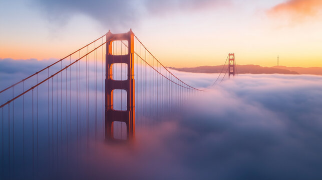 Golden Gate Bridge at sunrise, thick fog covers the base of the bridge, golden orange light illuminates the top of the tower, Ai generated images