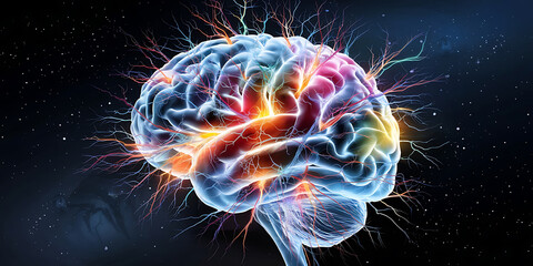 Human brain neural network vibrant colors cosmic backdrop